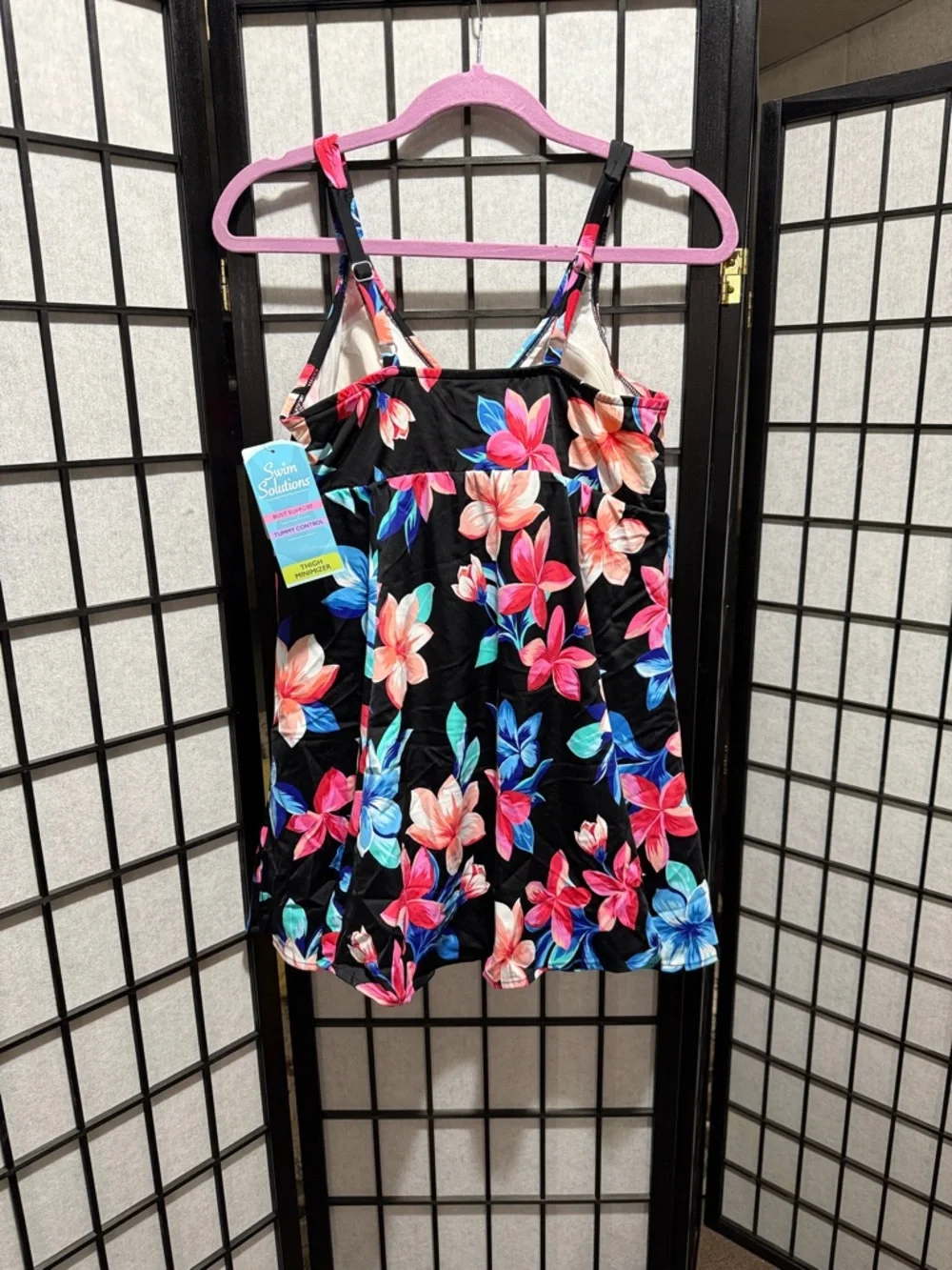 Swim Solutions Black Floral Swimdress with Coral Pink & Blue Blooms Size 16W - Picture 2 of 5